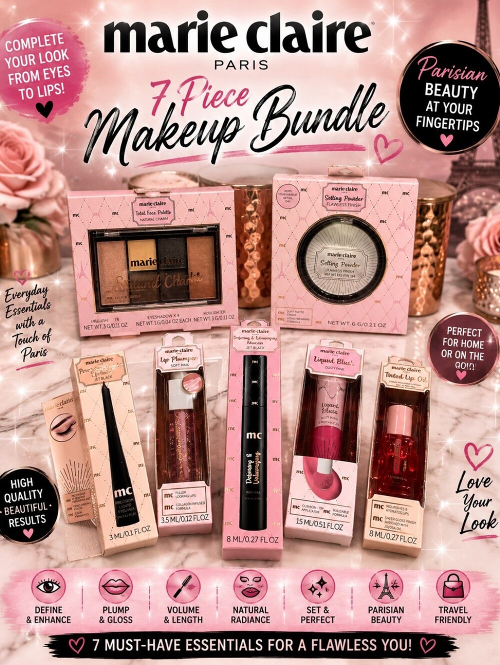 MARIE CLAIRE PARIS 7 ITEM MAKEUP BUNDLE
